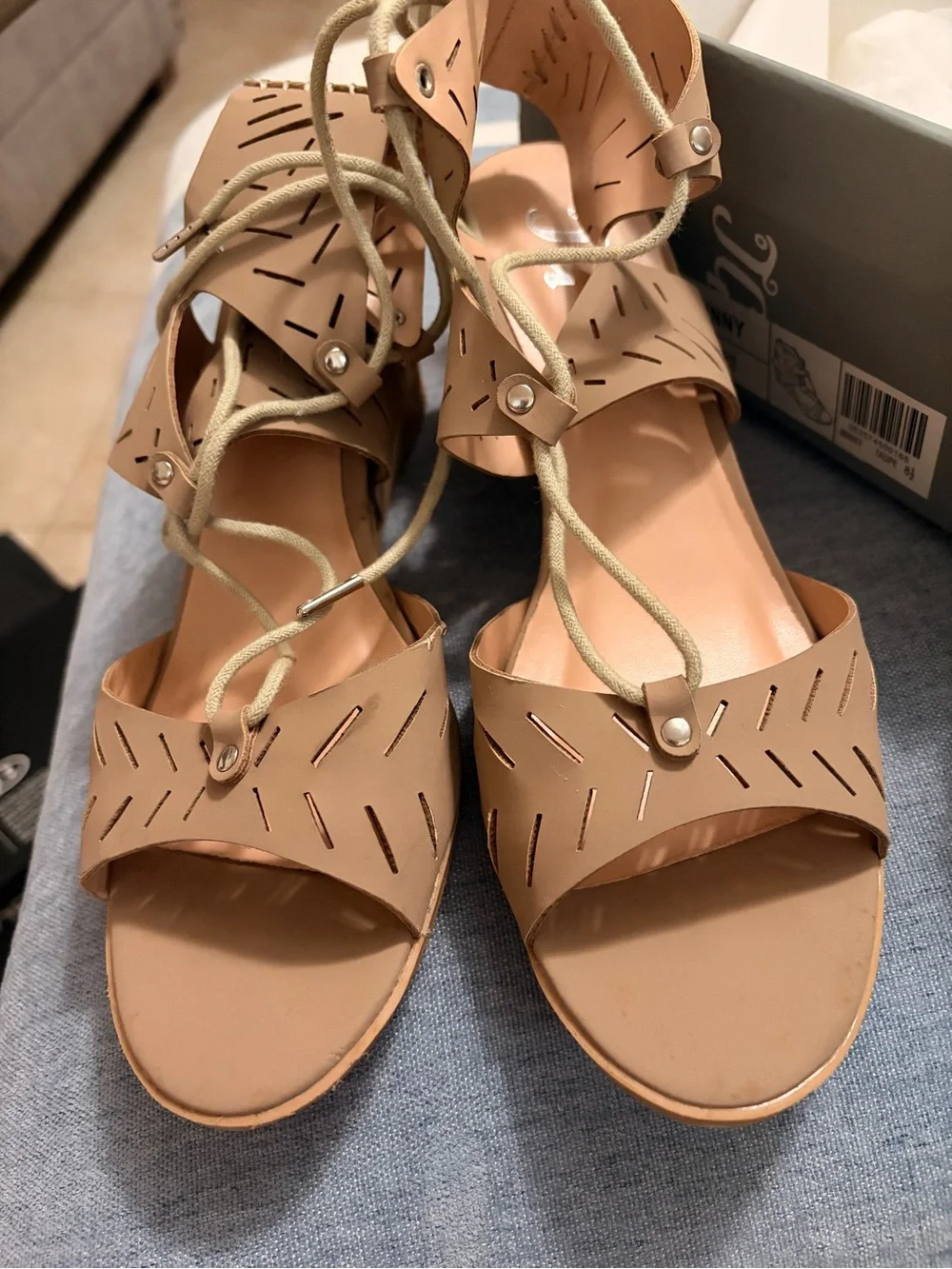 Women's Neutral Cutout Cork Wedge Sandals with Ankle Tie